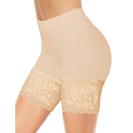 ZENUTA 1-3 Pack Lace Slip Shorts for Under Dresses Women, Seamless Anti Chafing Shorts Lace Bloomers Shorts Panties Leggings (1pcs Nude-lace, 3XL)