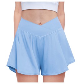 Zaclotre Girls Flowy Shorts with Spandex Liner V Crossover 2 in 1 Athletic Running Shorts with Pockets Kids Butterfly Skorts Blue