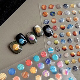IDDFEVE 5D Embossed Planet Nail Art Stickers, 5D Galaxy Colorful Space Nail Decals, Solar System Earth Moon Saturn Moon Design for DIY Nail Supplies Decoration (2 Sheets)
