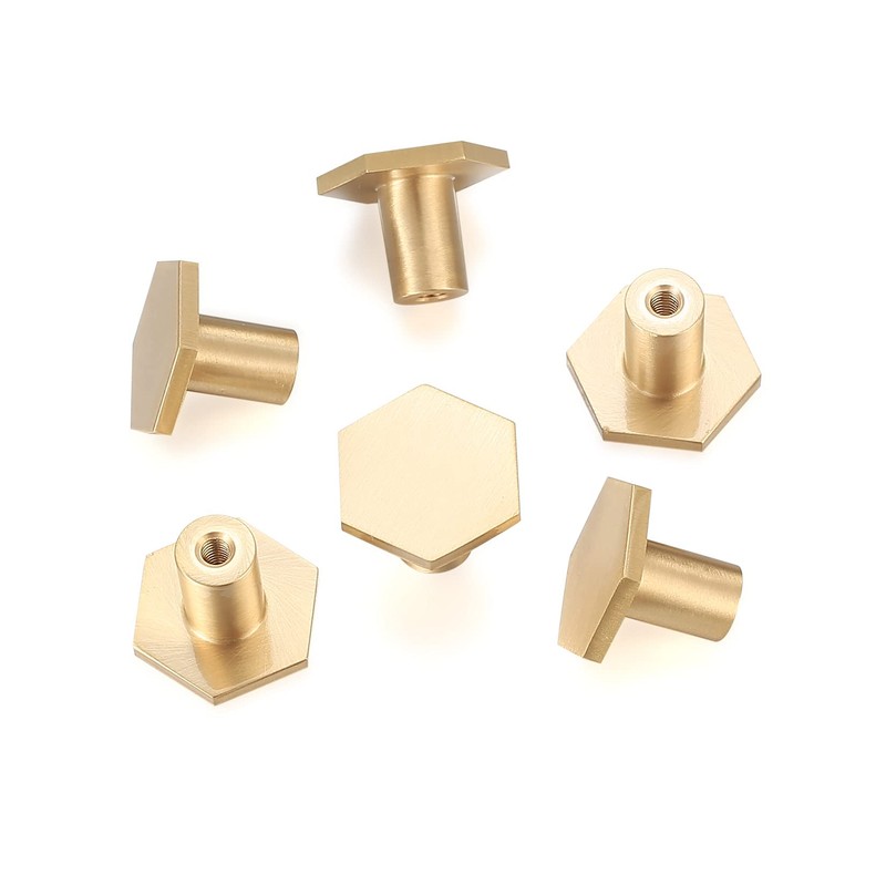 6 Pcs Brass Cabinet Door Knob, Hexagonal Gold Kitchen Door