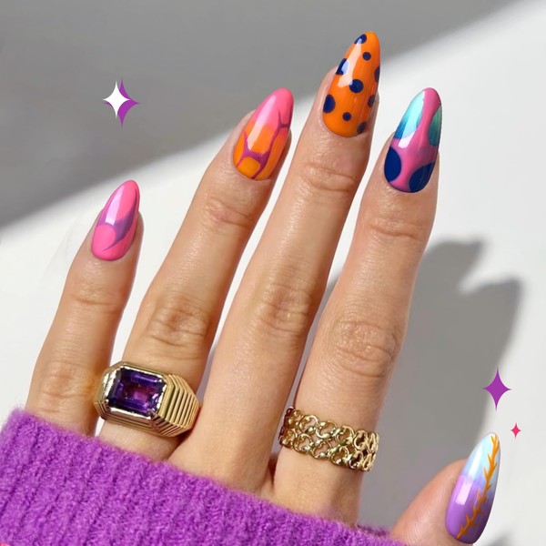 Cihcshe Handmade Press on Nails, Almond Acrylic Nails Hand-Painted, Reusable