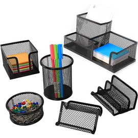 HMXLJJY Mesh Wire Desk Organizer Set,Pen Holder for Desk,Desk Organizer and Accessories,Pencil Holder,Mail Organizer,Paper Clip Holder,Phone Stand,Sticky Note Holder,Great for Home Office(Black)