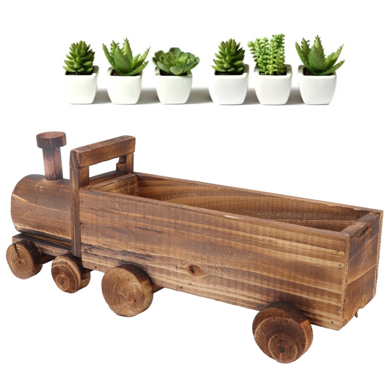 Wooden Flower Pot Cartoon Train Shape Good Ventilation Succulent Flower