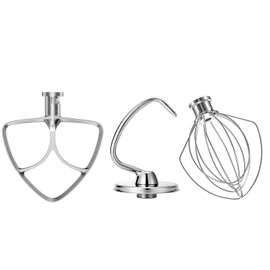 Stainless Steel Stand Mixer Attachments 3-Piece for KitchenAid 4.5-5 Qt Tilt Head Stand Mixer. Includes 6 Wire Whisk, Flat Beater, Dough Hook for KitchenAid 4.5-5 Qt Mixer Bowl