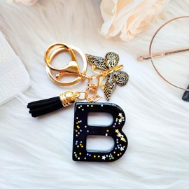Cute Initial Letter Keychains for Women Girls Tassel Butterfly Black Keychain for Backpack School Bag (B-Black)