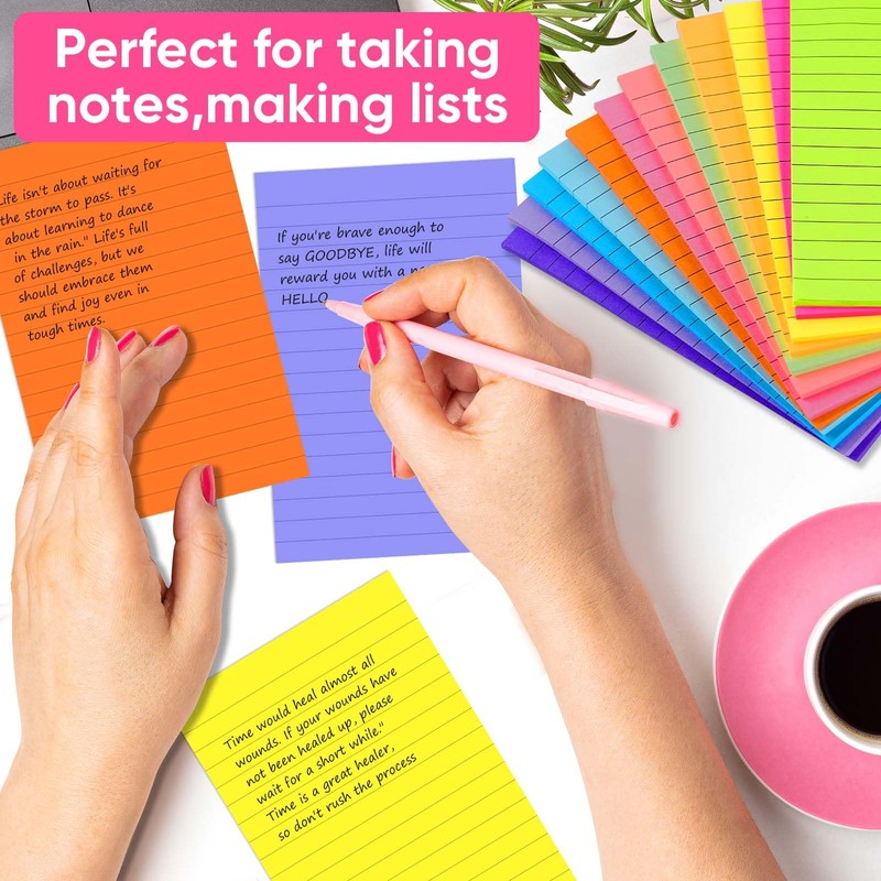 (12 Pack) Lined Sticky Notes 4x6 Inch, 12 Bright Colors