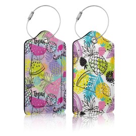 2 Pack Summer Tropical Fruits Luggage Tag for Suitcases, Funny Pineapple Strawberry PU Leather Luggage Tag with Privacy Cover ID Label for Women Men Travel Cruise Baggage Handbag School Bag Backpack