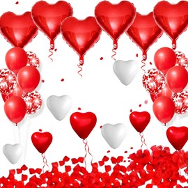 Romantic 1000 Pieces Rose Petals Decoration Set with Red Heart Balloons, White Heart Balloons Red Balloons for Wedding, Mother's Day, Engagement, Birthday, Anniversary, Bridal Shower Party