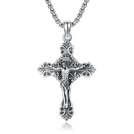 925 Sterling Silver Crucifix Necklace Men, Jesus Cross Pendant, Vintage Religious Christmas Jewelry Gifts for Family with Stainless Steel Chain 20" +2"