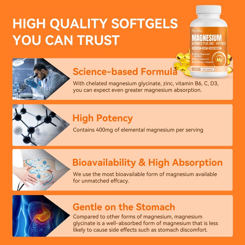 Magnesium Glycinate Supplement Softgels, Magnesium Glycinate 400mg with Zinc, Vitamin