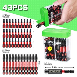 Geinxurn Impact #25 Torx Screwdriver Bits Set,43 Pcs Magnetic1”/2” T25 S2 Steel Driver Bits with Storage Colorful Box