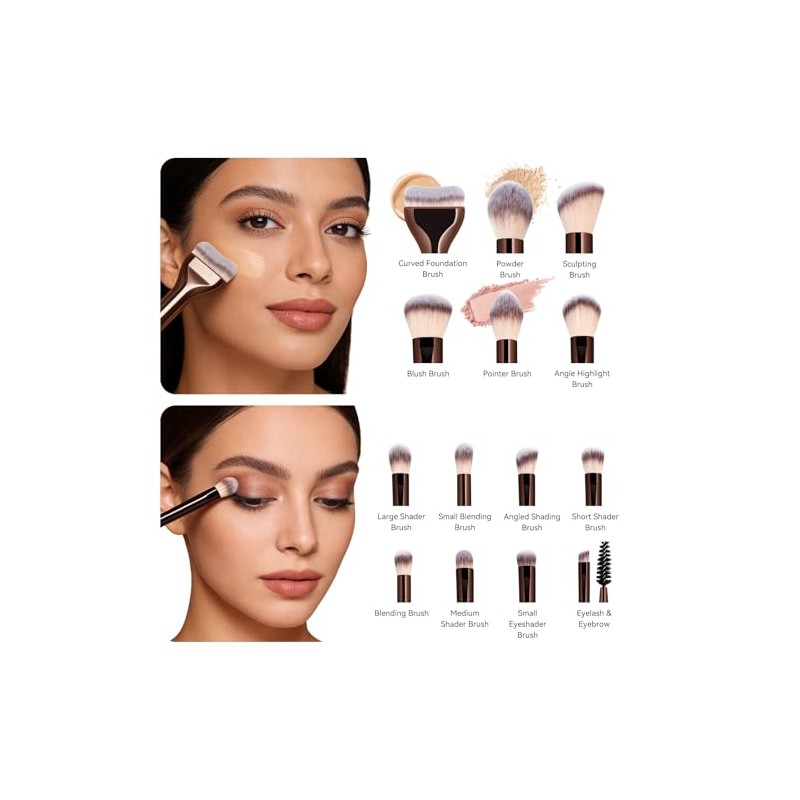 Maange Set Brochas Maquillaje Aluminio 14pcs Sintético Estuche Kit Multifuncional