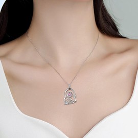 Jewmon Rose Flower Heart Pendant Necklace for Women Butterfly Necklace 925 Sterling Silver October Birthstone Necklace Pink Zirconia Butterfly Necklace Elegant Rose Jewelry Gifts for Her FP0252O