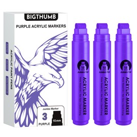 BIGTHUMB 3 Pcs Purple Jumbo Permanent Markers: 15mm Wide Tip Thick Acrylic Paint Pen Large Calligraphy Marker for Rock Painting, Poster, Sign, Canvas, Glass, Wood, Ceramic