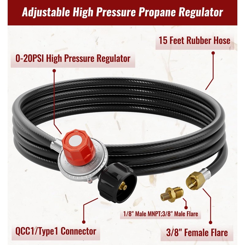 CALPOSE 15FT High Pressure Propane Regulator Hose, 0~20PSI Adjustable Propane