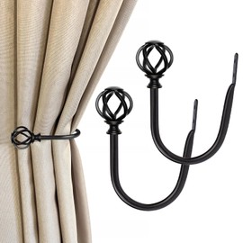 2 Pack Curtain Holdbacks, USFOOK Black Decorative Window Drapery Tiebacks (2 Pack/1 Pair), Curtain Tie Back Hooks for Wall with Twisted Cage Finials (3.45" L x 5.35" W)