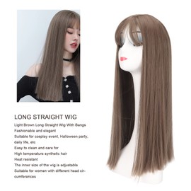 Long Straight Wig, Women's Light Brown Wig with Bangs Long Straight Synthetic Wig for Cosplay Party