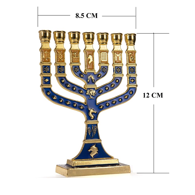 JL Kippha's Blue and Gold Candle Holder Decorative Menorah 7