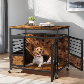 YITAHOME 32" Dog Crate Furniture with Wheels, Farmhouse Decorative Wood Dog Cage End Table Chew-Resistant Wooden Dog Kennel Indoor for Small Dogs, Rustic Brown