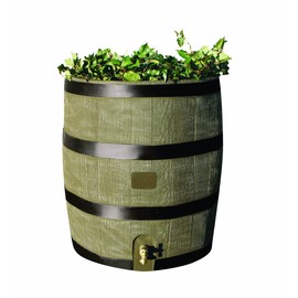 RTS Home Accents Round 35-Gallon Rain Barrel with Brass Spigot and Built-In Planter, Woodgrain