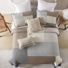 Quilta Patchwork 100% Cotton Patchwork Quilt Queen Size - Farmhouse Plaid Lightweight Comforter Set, Soft Rustic Quilted Bedspread Bedding Set 3pcs for All Seasons, Brown/Gray/Begie