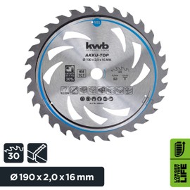 kwb 190 x 16 mm Circular Saw Blade, Smooth Operation, Ideal for Cordless Tools, Suitable for Soft and Hardwood, Plywood, and Chipboard