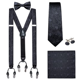 YOHOWA Mens Suspender Bowtie Necktie 6 Clips Strength Adjustable Y Braces Handkerchief Cufflinks Formal Business Wedding