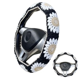 Handmade Crochet Black Granny Square Car Steering Wheel Covers Universal 14-15 inch for Women and Men (Steer Wheel Cover)