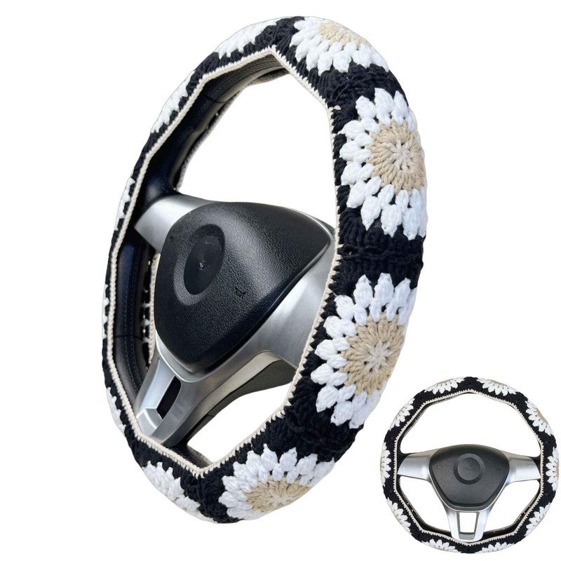 Handmade Crochet Black Granny Square Car Steering Wheel Covers Universal