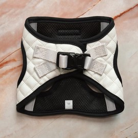 Step-in Dog Vest Harness Classic Quilted Design Vegan Leather Reflective Details Lightweight Breathable Mesh Soft White Black Durable Stylish Pet Accessory (White, L: Neck=12.5-14''/Chest:18-21'')