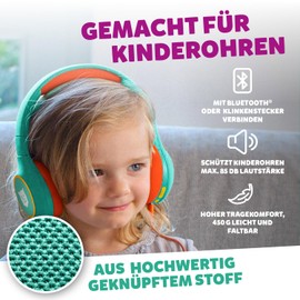 tigermedia tigerbuddies Bluetooth Children's Headphones, Adjustable Fit & Soft Pads, Children's Headphones with Volume Limiting, Jack Plug & Bluetooth, 8 Hours Wireless (Green/Orange)