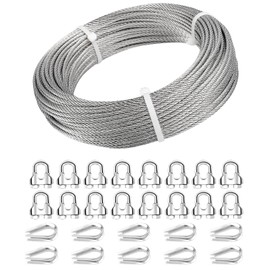 3/16 Wire Rope, 150ft 3/16 Stainless Steel Cable Wire, 7x19 Strand Aircraft Cable Wire Rope Kit, 3700lbs Breaking Strength with 3/16 Cable Clamps,Thimble for Deck Railing Shade Sails String Lights