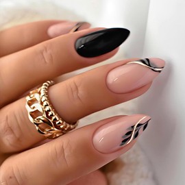 Black Leaf Press on Nails with Gold Lines Fake Nails Long Almond Acrylic False Nail Glossy Full Cover Artificial Glue on Nail for Women