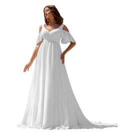 BIRENEROBE V Neck Maternity Wedding Dress Pleated Chiffon Long Formal Gowns A Line Puffy Short Sleeves White Beach Pregnancy Wedding Photoshoot Dresses