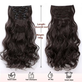 Dcbaboo Clip-In Hair Extensions, Wavy Dark Brown, Clip-In Hairpiece, Wavy, 6 Pieces, 55 cm, Synthetic Hair Extensions with Clips, Curly Curls, Long Hair Extensions for Women