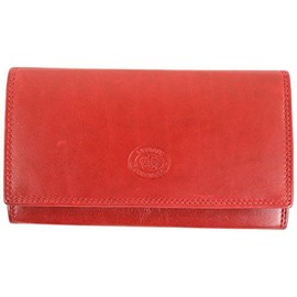 Ladies Soft Real Nappa Leather Long Flap-Over Purse with Inner Flap Pockets - Dark Red