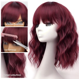Nnzes Bob Curly Wig Synthetic Short Wine Red Wig with Bangs Natural Looking Heat Resistant Fiber Hair for Women