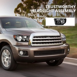 For 2007 2008 2009 2010 2011 2012 2013 Toyota Tundra Headlight Assembly For 2008-2017 Toyota Sequoia Head Lights Headlamp Replacement Driver and Passenger Pair, Black