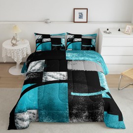 jejeloiu Abstract Turquoise and Black Bedding Set King Size, Grunge Teal Ombre Comforter Set Gray Black Blue Stripe Comforter for Kids Toddler Abstract Art Duvet Set Lightweight Quilt Set King Size