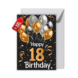 WBdesignz Birthday Card with Envelope - Elegant Birthday Card for 18 Years "Happy Birthday Black Gold Balloons 18th Birthday (XXL DIN A4)