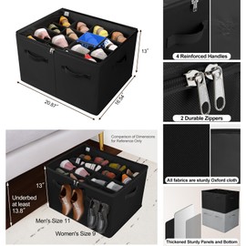 TOPIA HOME Shoe Organizer for Closet 2 Pack, Foldable Shoe Box with Adjustable Dividers and Clear Cover, Space Saving Shoe Storage Organizer Cabinet with Reinforced Handles, Fits 32 Pairs, Black TP12B