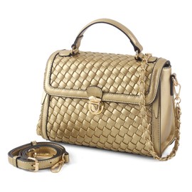 Woven Purses For Women Crossbody Bag Vegan Leather Hand Woven Handbag Shoulder Bag Top Handle Satchel Zip Cross Body Purse (Gold)