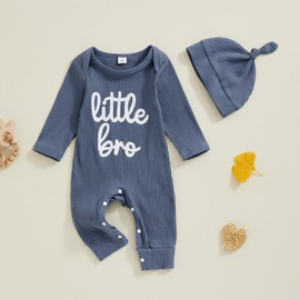 Newborn Baby Boy 2Pcs Outfit Clothes Long Sleeve Bodysuit Little Bro Letter Print Romper Waffle Knit Jumpsuit Hat Fall Winter Clothes (Navy, 12-18 Months)