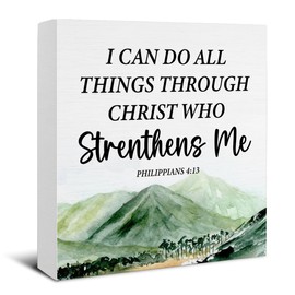 jyunsoeng Inspirational Christian Desk Sign - Bible Verse Decor - I Can Do All Things Through Christ Who Strenthens Me Philippians 4:13 Wooden Sign Home Office Living Room Decor - 5 x 5 Inches