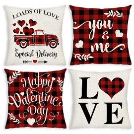 Aoke Valentines Day Pillow Covers 18x18 Inch Set of 4, Buffalo Plaid Red Heart Valentines Throw Pillow Cover, Loads of Love Farmhouse Cotton Linen Cushion Case for Home Outdoor Indoor Decor