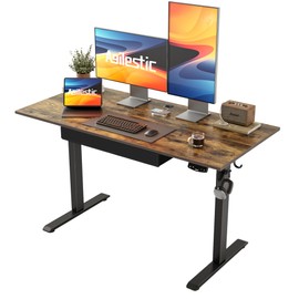 Agilestic Adjustable Height Electric Standing Desk with Storage Wooden Drawer, 48 x 24 Inches Stand Up Home Office Computer Gaming Table with Splice Board for Work Office Home, Rustic Brown