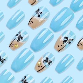 Coffin Press on Nails Medium Fake Nalis with Coconut Beach Polka Dots Designs Golden Starfish Shells Glue on Nails Press ons Blue False Nails Summer Stick on Nails for Women 24Pcs