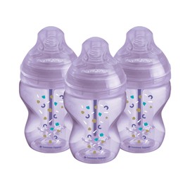 Tommee Tippee Anti-Colic Baby Bottles, Slow-Flow Breast-Like Teat and Unique Anti-Colic Venting System, 260ml, Pack of 3, Purple