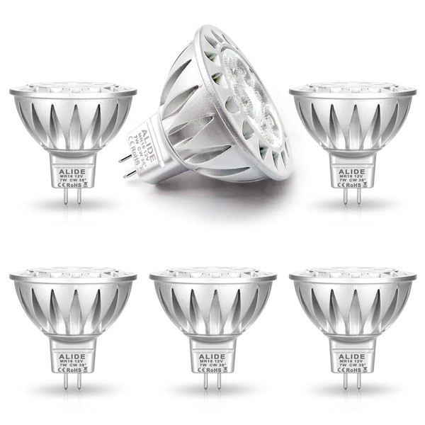 ALIDE MR16 Led Bulbs GU5.3 7W 6000K Daylight Cool Bright White,50W-75W Halogen Equivalent,12V MR16 Bulb Spotlight for Kitchen Home Track Ceil Recessed Accent Lighting,Not Dimmable,38 Deg,6 Pack