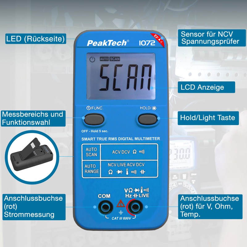 PeakTech 1072 True RMS Smart Multimeter, Auto Range, 4,000 Counts,